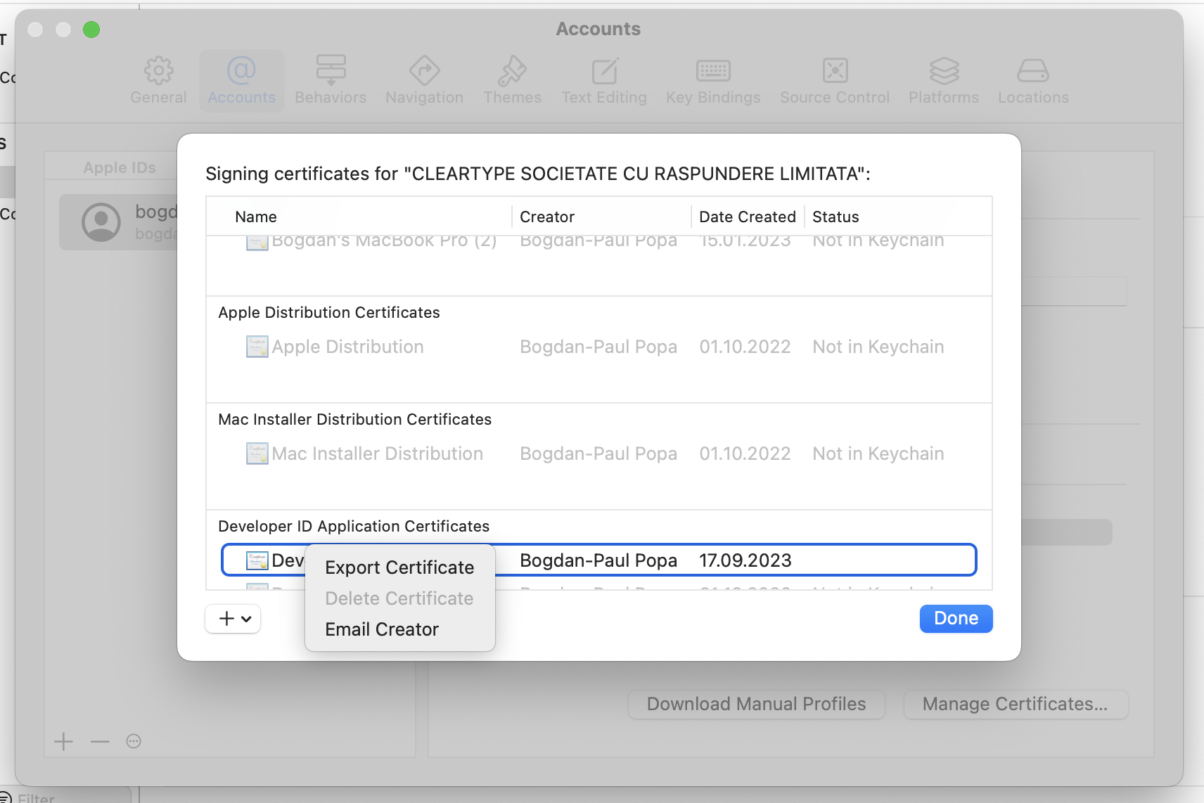 The Xcode certificates pane with an export menu.
